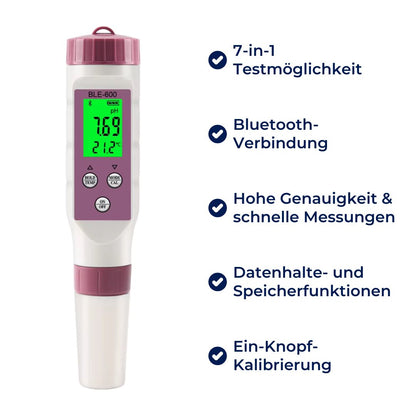 AquaCheck Exclusivo probador de calidad del agua 7 en 1 – pH, TDS, EC, Temperatura, ORP, Cloro – Para agua potable, piscina, acuario, spa